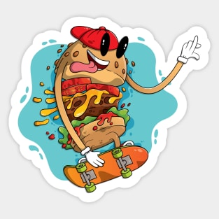 Cool hamburger riding a skateboard Sticker